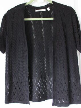 Cyrus Black Pointelle Knit Cardigan - Chevron Open Front Spring Layering - M 🖤